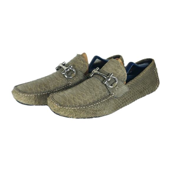 SALVATORE FERRAGAMO Men's US 11EE Genuine Python leather Olive Driving Loafers - Picture 1 of 16